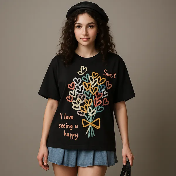 Happy Tee - 100% Cotton Graphic T-Shirt in Black | Hand-Drawn Floral Design