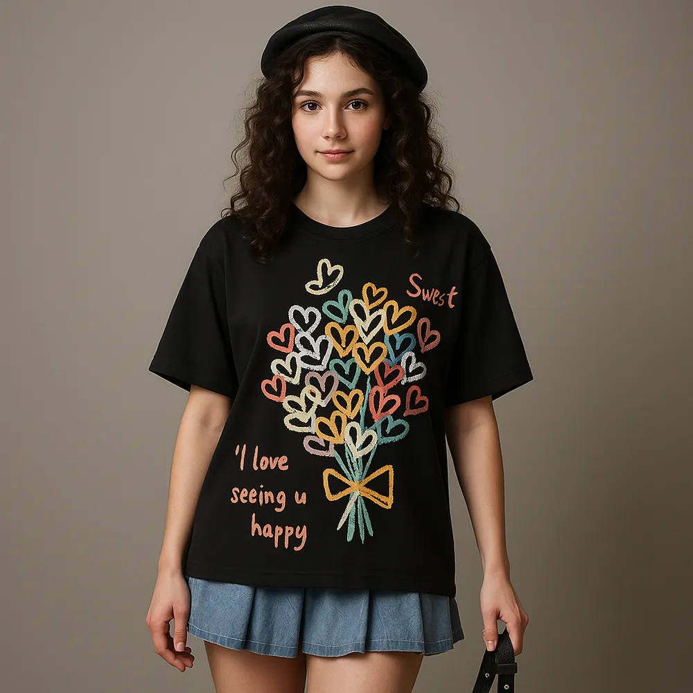 Happy Tee - 100% Cotton Graphic T-Shirt in Black | Hand-Drawn Floral Design
