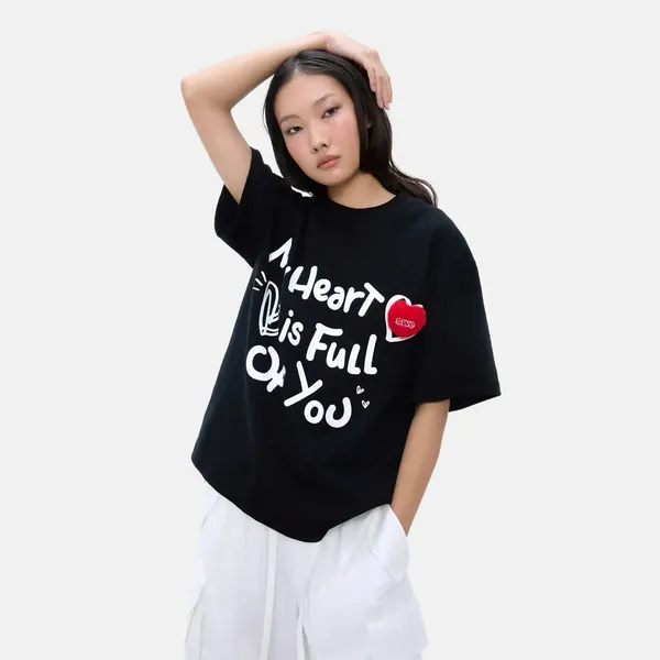 FOY Tee - Black Cotton T-shirt with Embroidered Heart & 'My Heart is Full of You' Design